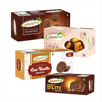 wheafree Choco D'Lite Cookies (100g), Chocochip Cookies (200g), Coco Vanilla Cookies (200g) and Choco Cookies (200g) Combo Pack Cookies Biscuit(4 x 175 g)