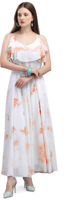 Vaani Creation Flared/A-line Gown(Orange, White)