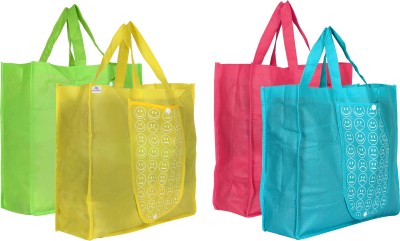 Heart Home Foldable Reusable Smiley Printed Shopping Bag with One Small Pocket (Set Of 4,Green & Pink & Yellow & Blue) Pack of 4 Grocery Bags(Multicolor)