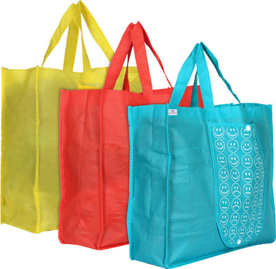 Heart Home Foldable Reusable Smiley Printed Shopping Bag with One Small Pocket (Set Of 3,Yellow & Red & Blue) Pack of 3 Grocery Bags(Multicolor)