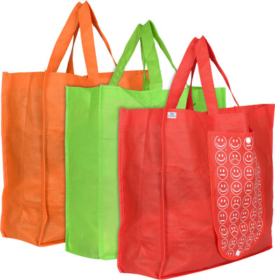Heart Home Foldable Reusable Smiley Printed Shopping Bag with One Small Pocket (Set Of 3,Orange & Green & Red) Pack of 3 Grocery Bags(Multicolor)