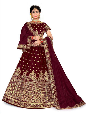 LADY SHOPI Embroidered Semi Stitched Lehenga Choli(Maroon)