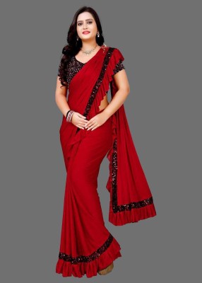 Kanani Solid/Plain Bollywood Silk Blend Saree(Red)