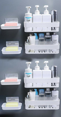 QXORE Multipurpose Kitchen Bathroom Rack Storage Shelves Bathroom Storage Rack Soap Box Stand Shower Rack ABS Plastic Storage Holder Combo with Magic Sticker Shelf ( 4 Bathroom Shelves + 4 soap Box)(White)