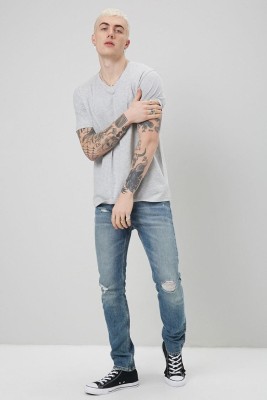 FOREVER 21 Solid Men Round Neck Grey T-Shirt