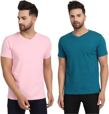 ESPARTO Solid Men V Neck Blue, Pink T-Shirt