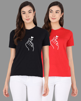 CUTEXT FASHION Printed Women Round Neck Red, Black T-Shirt