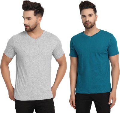 ESPARTO Solid Men V Neck Blue, Grey T-Shirt