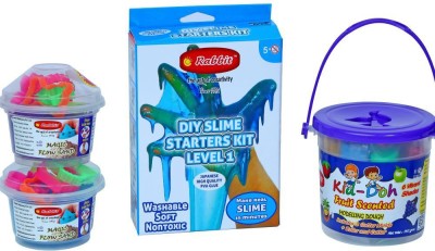 Rabbit DIY Starters Slime Kit Level 1|+Scented Kid Dough Bucket|+2 Play Sand 100g boxes|Slime Making Set|DIY Kits|Play Dough for Kids|Slime|Sand for Kids|Sand Slime Kit|Play Dough Sand|Kinetic Sand for Kids with moulds|Make your own slime at home|Ideal For Age 5+ Art Clay(0.5 kg)