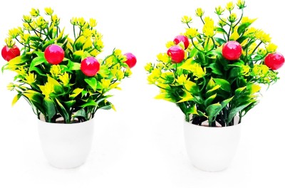 zonezer Red, Green Wild Flower Artificial Flower  with Pot(6 inch, Pack of 2, Flower with Basket)