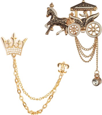 Aarohi Combo of Rhinestone Gold Plated King Crown with Tassel & Black Ethnic Horse Cart Metal Sherwani/Suit Brooch Pin for Mens & Boys ACM-088 Brooch(Gold, Silver)