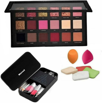 Maived Rose Gold REMASTURED Eyeshadow Palette Matte And Shimmer Eyeshadow + Pack Of 7 Black Makeup Brush Set With Storage Box with Me- now 6 in 1 Beauty Blender Puffs Sponge(14 Items in the set)