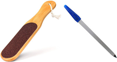 AKADO Double sided flat foot scrubber skin callus remover pedicure tool with wooden handle and hanging hook with nail file manicure tool for men and women(2 Items in the set)