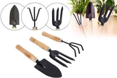 Ganapati Universal Co Garden Tool Wooden Handle for House Pot Plants Garden Tool kit (3 pcs Tools- 1 Hand Cultivator, 1 Small Trowel, 1 Garden Fork) Garden Tool Kit(3 Tools)