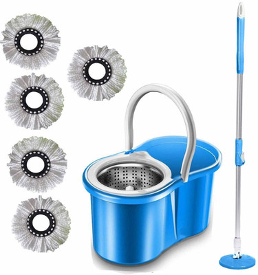 JSN Easy Magic Spin Floor Mop 360 Degree Bucket Mop with Steel Spinner 5 Refill Mop Set(Blue)