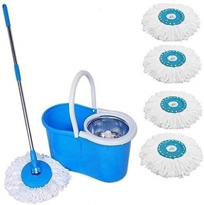 JSN Easy Magic Spin Floor Mop 360 Degree Bucket Mop with Steel Spinner 5 Refill Mop Set(Blue)