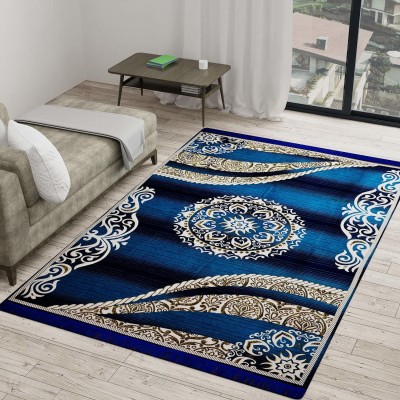 manvicreations Blue, White, Gold Velvet Carpet(5 ft,  X 7 ft, Rectangle)