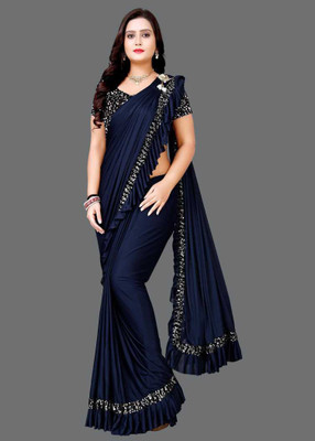 KJP VILLA Self Design Bollywood Lycra Blend Saree(Dark Blue)