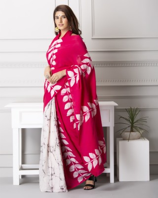 DASTKARPRINT Printed, Color Block, Blocked Printed, Floral Print, Dyed Daily Wear Pure Cotton Saree(Pink)