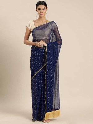 TOXEGO Embellished Bollywood Chiffon Saree(Dark Blue)