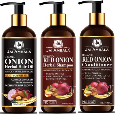 Jai Ambala Red ONION Herbal Shampoo & ONION Oil & ONION Conditioner For Anti Dnadruff Control, Reduce Hair Fall, Hair Shine COMBO Pack of 3 Bottle-200ml(600)