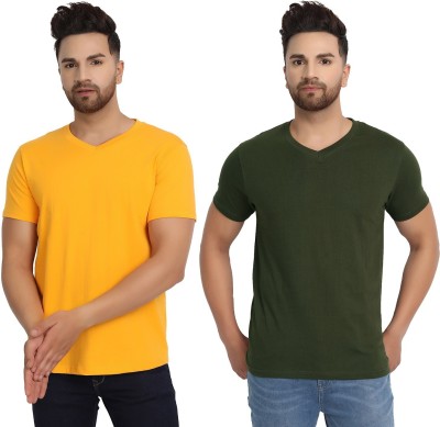 ESPARTO Solid Men V Neck Dark Green, Yellow T-Shirt
