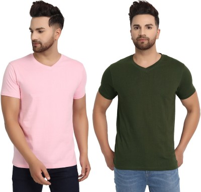 ESPARTO Solid Men V Neck Dark Green, Pink T-Shirt