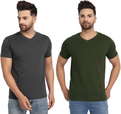 ESPARTO Solid Men V Neck Dark Green, Grey T-Shirt