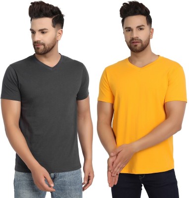 ESPARTO Solid Men V Neck Grey, Yellow T-Shirt