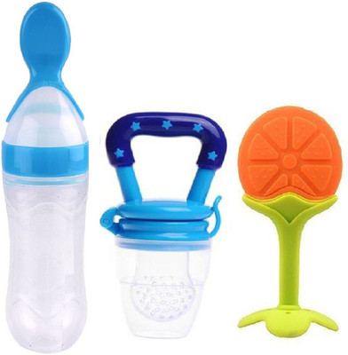 Manan Shopee Baby Silicone Cerelac Food Feeder And Baby Fruit Nibbler & Teether -Combo Teether and Feeder(Blue/Blue/Orange)