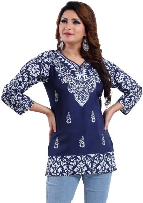 Meher Impex Casual 3/4 Sleeve Printed Women White, Blue Top