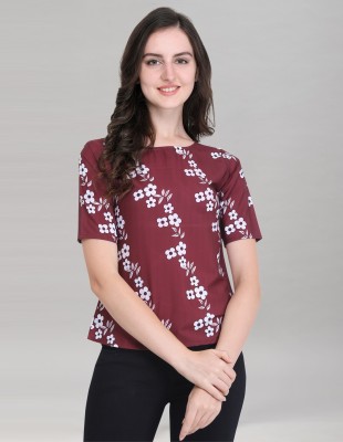 Selvia Party Regular Sleeve, Half Sleeve Printed Women Maroon Top