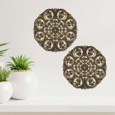 Timberly MDF Wall Panel | Round Design Wall Mounted Panel for Living Room | Wall Hanging Panel (12 x 12 Inch) - Set of 2 Pack of 2(Grey Gold)