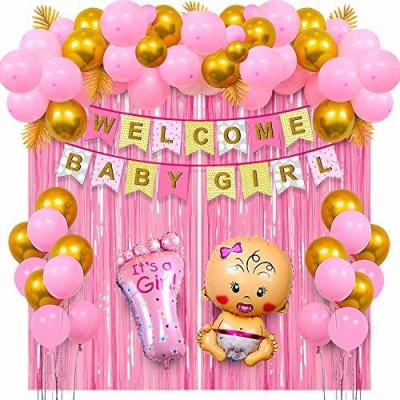 Party Propz Baby Girl Welcome Home Decoration Kit 45Pcs Bunting, Balloon with Pink Pastel Foil Curtain for Baby Shower / Welcome Party / Birthday Party Supplies(Set of 45)