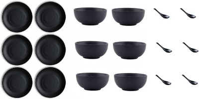 miRim Melamine Soup Bowl Melamine Soup Bowls with Spoon and Plates(Pack of 18, Black)