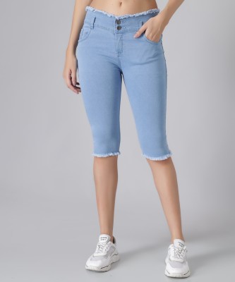 LTA 2 Button Fray Hem Stretchable Skinny Fit Light Blue Women Capri Women Denim Capri