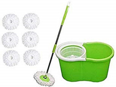 JSN 360Â° Spin Floor Cleaning Easy Magic Plastic Bucket Mop with 7 Microfiber Heads Mop Set(Green)