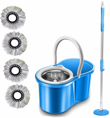 JSN Easy Magic Spin Floor Mop 360 Degree Bucket Mop with Steel Spinner 4 Refill Mop Set(Blue)