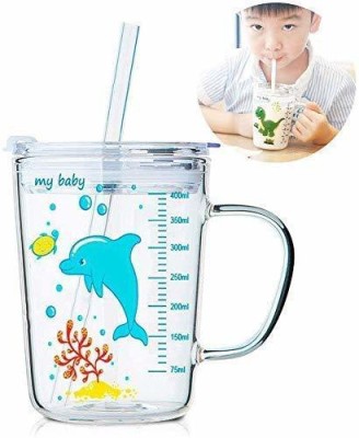 Alesso Glass Cup for Kids with Handle and Straw Glass Coffee Mug(400 ml)