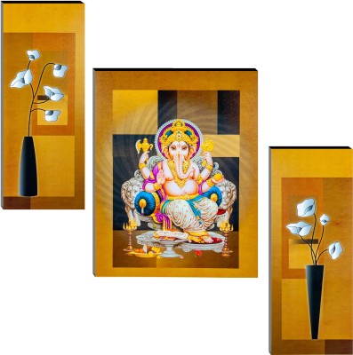 Indianara Set of 3 Lord Ganesha MDF Art Painting (3018 FL) without glass 4.5 X 12, 9 X 12, 4.5 X 12 INCH Digital Reprint 12 inch x 18 inch Painting(With Frame, Pack of 3)