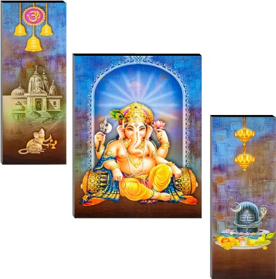 Indianara Set of 3 Lord Ganesha MDF Art Painting (2575 FL) without glass 4.5 X 12, 9 X 12, 4.5 X 12 INCH Digital Reprint 12 inch x 18 inch Painting(With Frame, Pack of 3)