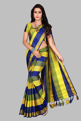 PRIYANSH CREATION Checkered Bollywood Cotton Blend Saree(Blue, Yellow)