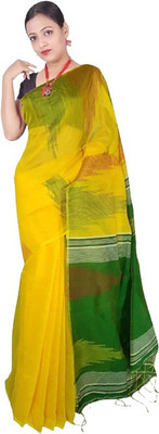 matri textile Solid/Plain Handloom Cotton Silk Saree(Yellow)