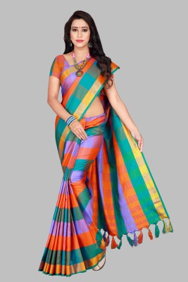 Shaibo saree Checkered Daily Wear Cotton Silk Saree(Orange)