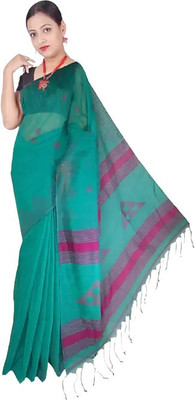 matri textile Solid/Plain Handloom Cotton Silk Saree(Green)