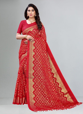 Kanooda Prints Woven Bollywood Net Saree(Maroon, Red)
