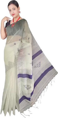 matri textile Solid/Plain Handloom Cotton Silk Saree(Grey)