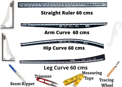 Upyukat Khyati Tailoring scales/ curves/ Fashion Designing Scale- Premium Quality Hard Plastic Scale- Set of 4- 1Leg curve, 1Hip curve, 1Arm curve, 1Straight Ruler Along with 1 Measuring Tape, 1 Trimmer, 1 Seam Ripper, 1 Tracing Wheel, 1 Single Curve and 2 Triangle Curves Sewing Kit
