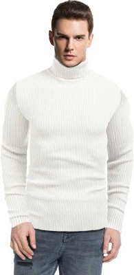 Clothify Self Design Turtle Neck Casual Men White Sweater