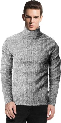 Clothify Self Design Turtle Neck Casual Men Grey Sweater